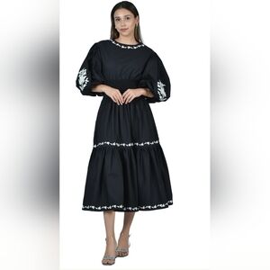 Fanm Mon Sundial Embroidered Short Sleeve Midi Dress Black/White NWT Sz Small